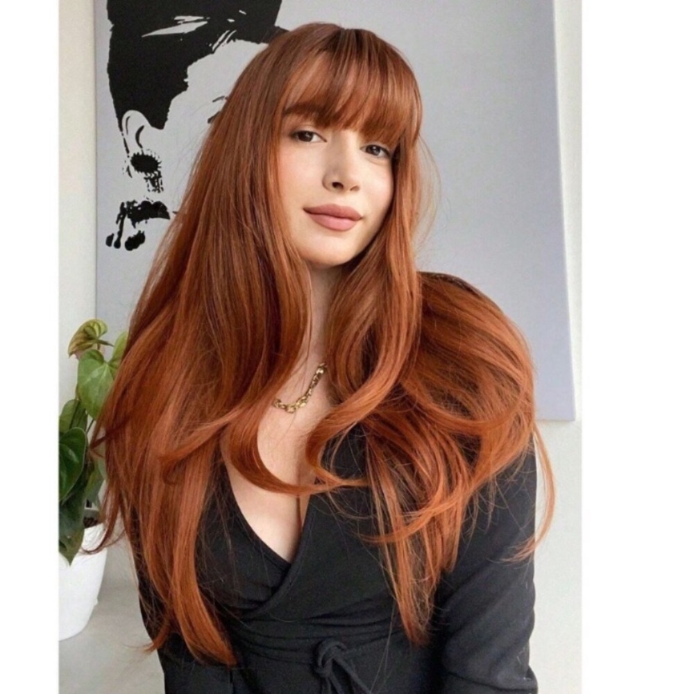Elegant Auburn Long Hair 26 in Orange Wavy layered Wig. - Picture 3 of 5